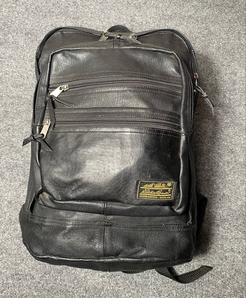 Vintage Eddie Bauer Black Leather Backpack w/Multiple Zippered Pockets